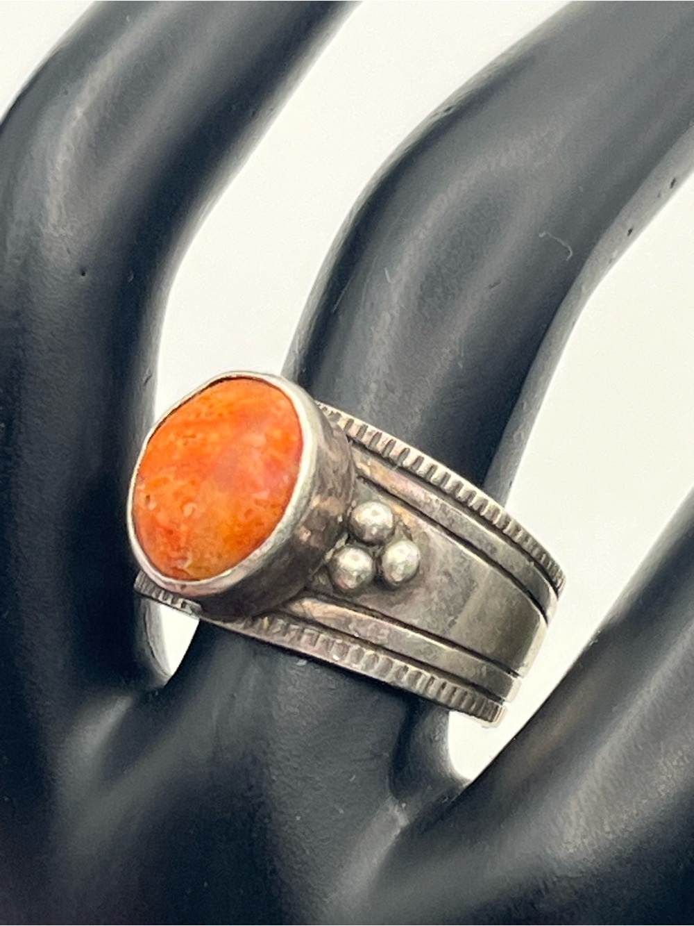 Native American Cortiz corn stalk sterling silver orange cabochon ring size 7.5 - Picture 3 of 15